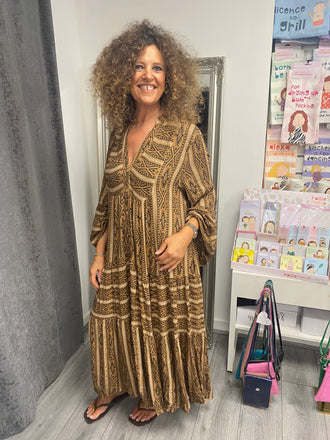 Italian Aztec Smock Midi- Brown