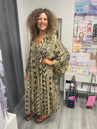 Italian Aztec Smock MIDI Dress- Mocha