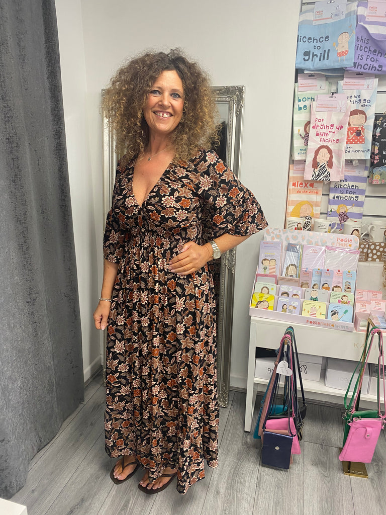 Italian Floral Midi Dress- Brown