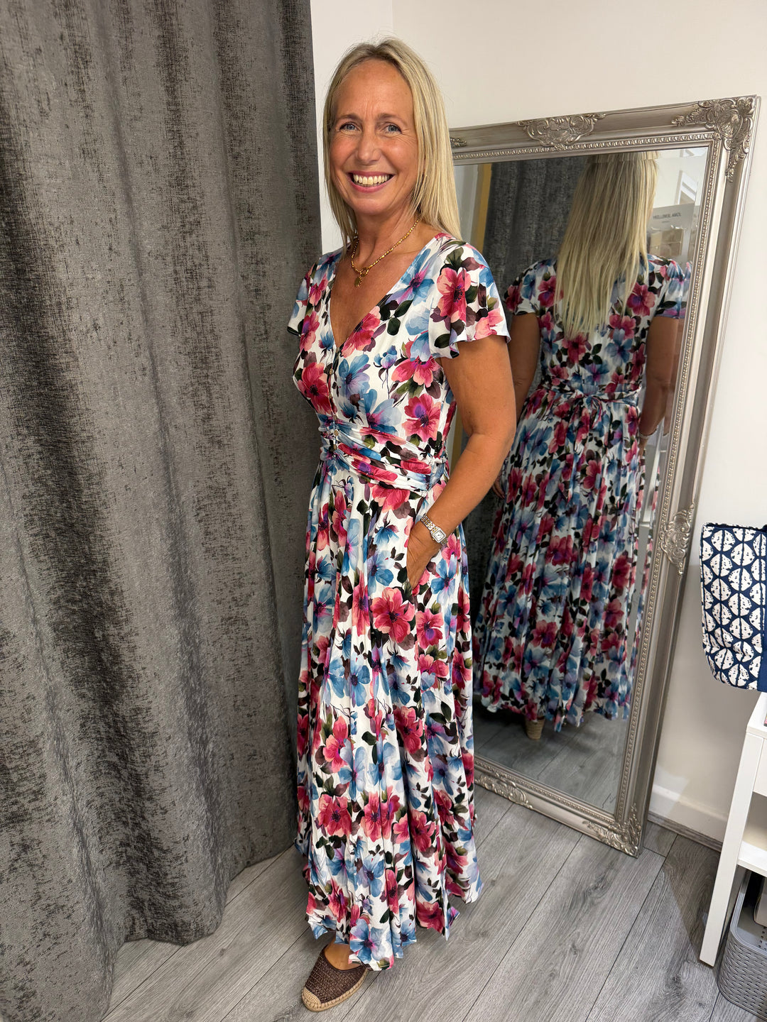 Stella London Blue & Pink Floral Wrap Maxi Dress