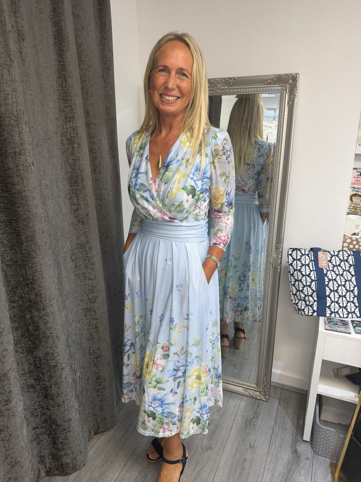 Stella London Blue Floral Wrap Midi Dress