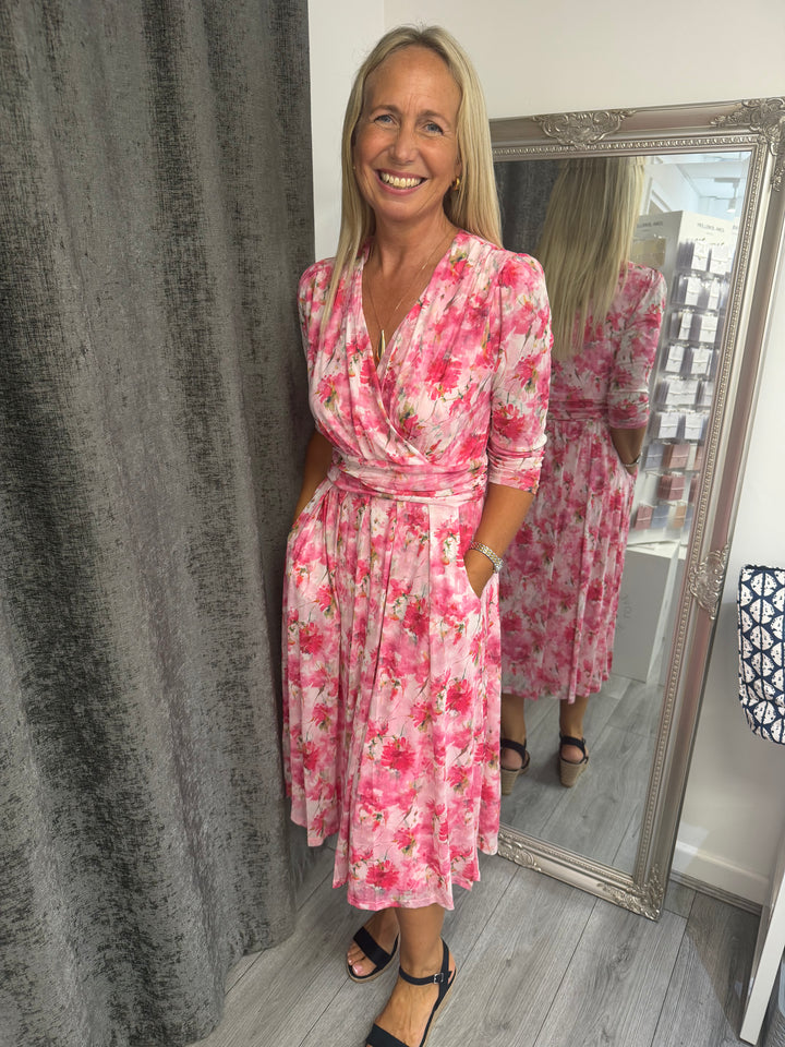 Stella London Pink Floral Wrap Midi Dress