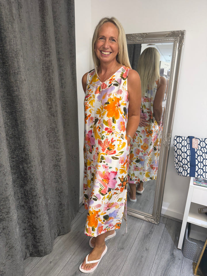Stella London White Multi Floral Sleeveless Midi Dress