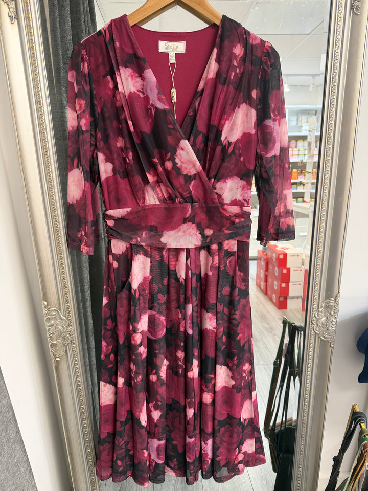 Stella Morgan Burgundy Floral Mesh Wrap Midi Dress