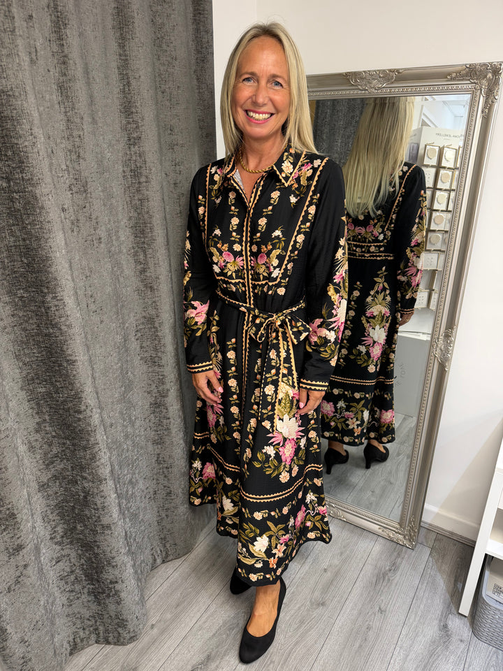 Stella London Floral Tie Waist Midi Dress – Black Multi