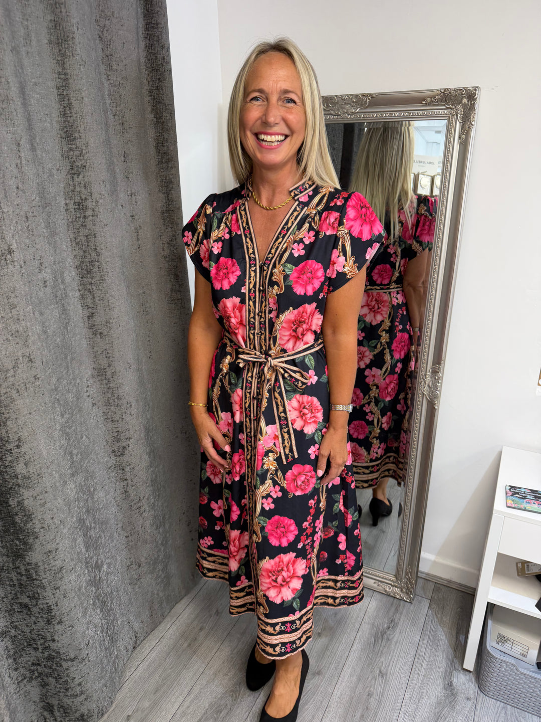 Stella London Floral Print Tie Waist Midi Dress – Black & Pink