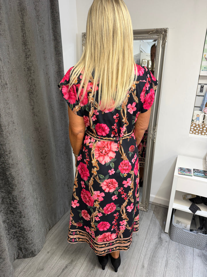 Stella London Floral Print Tie Waist Midi Dress – Black & Pink