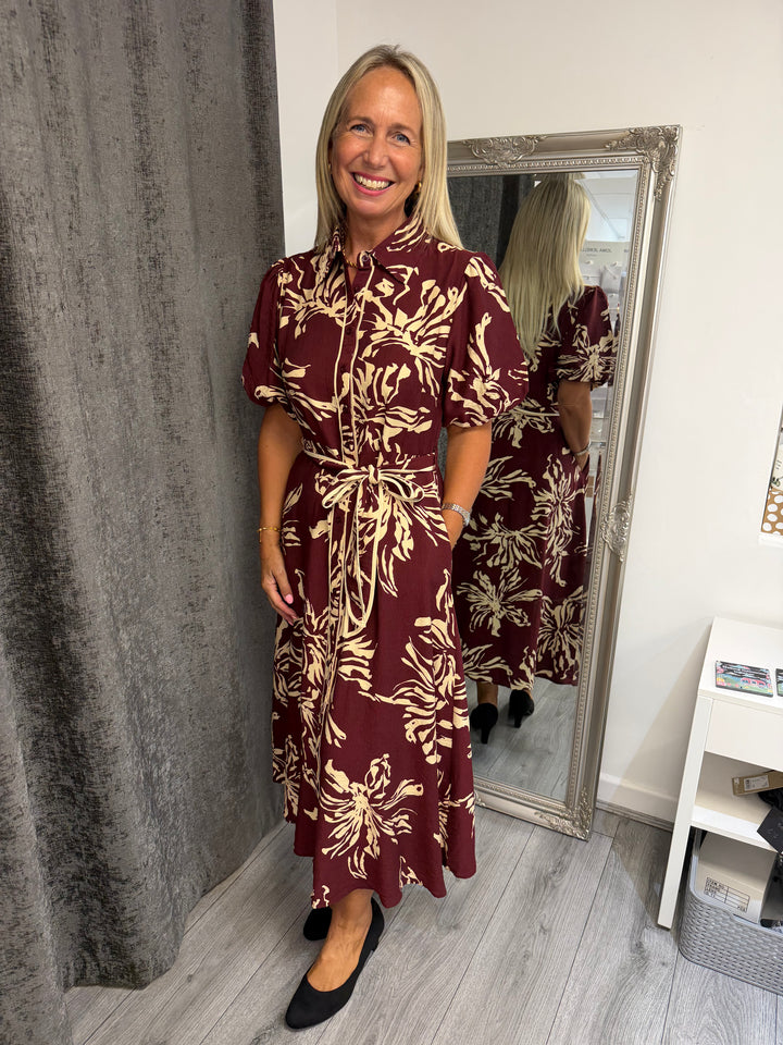 Stella London Abstract Print Tie Waist Midi Dress – Burgundy & Cream