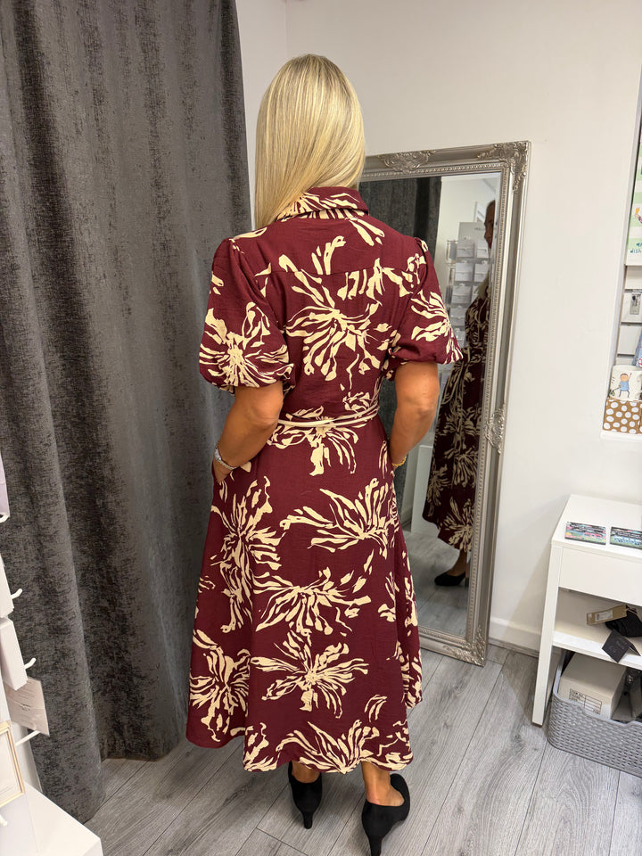 Stella London Abstract Print Tie Waist Midi Dress – Burgundy & Cream