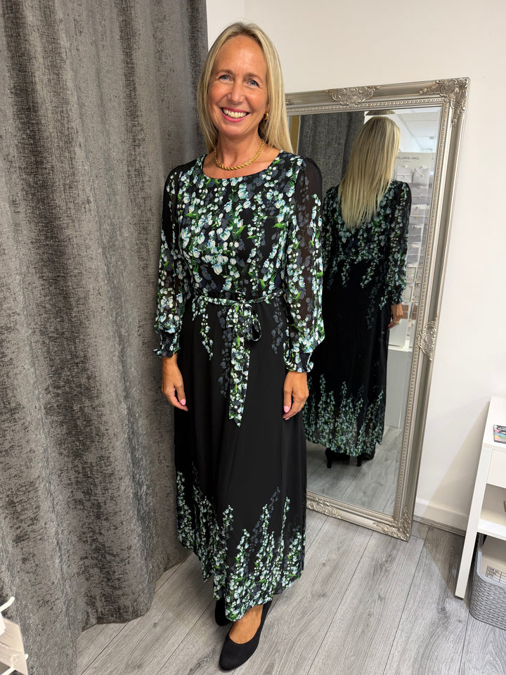 Stella Morgan Black Floral Tie Waist Midi Dress
