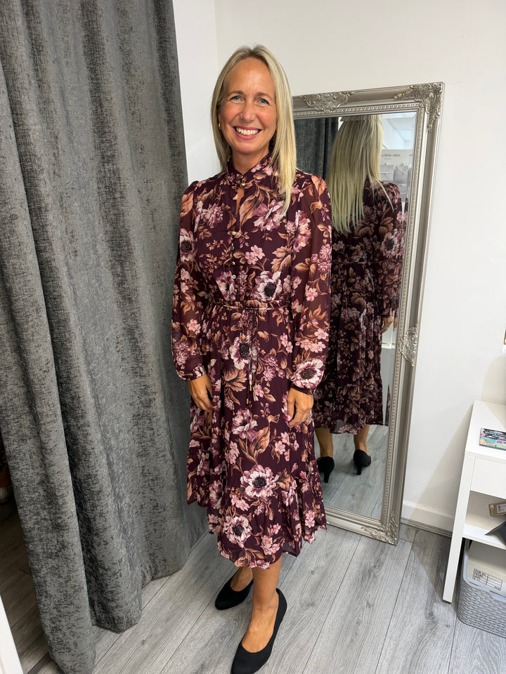 Stella Floral High Neck Midi Dress – Burgundy Bloom