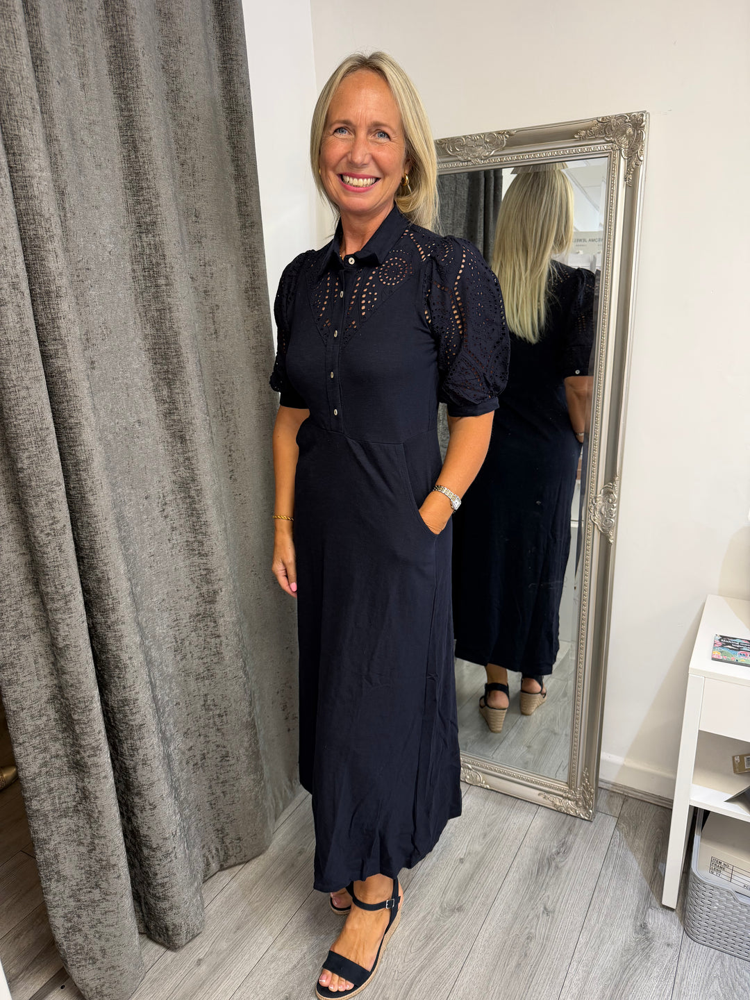 Stella Navy Broderie Sleeve Maxi Dress with Pockets