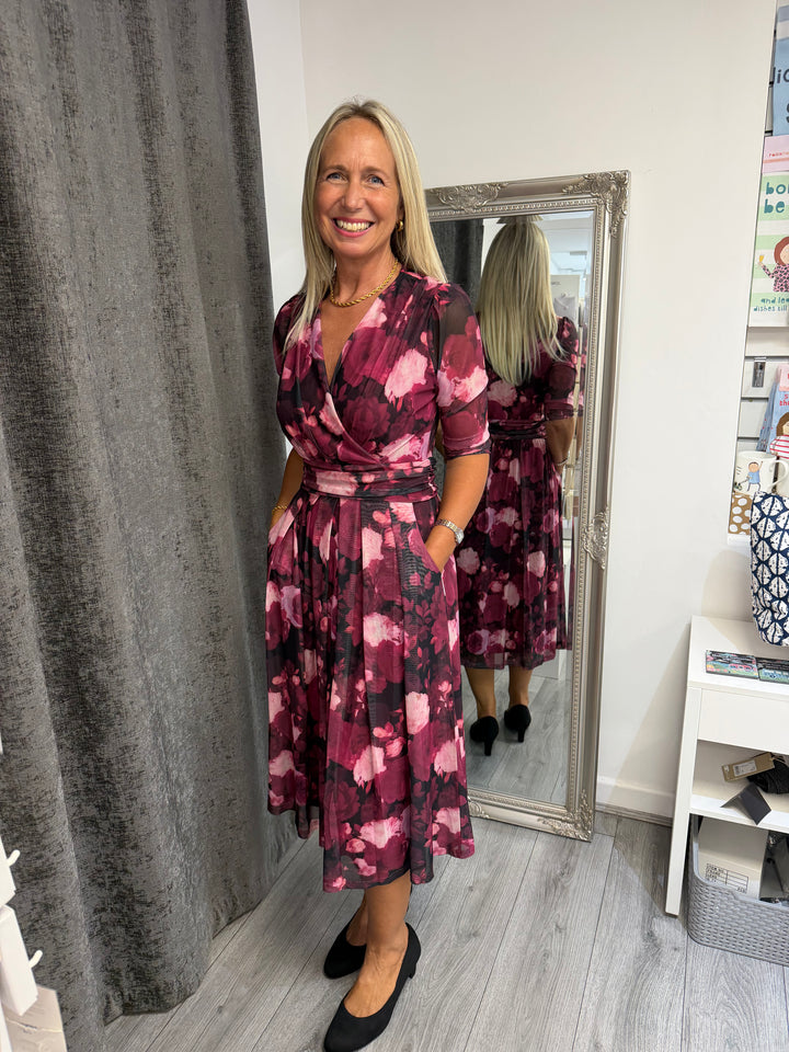 Stella Morgan Burgundy Floral Mesh Wrap Midi Dress