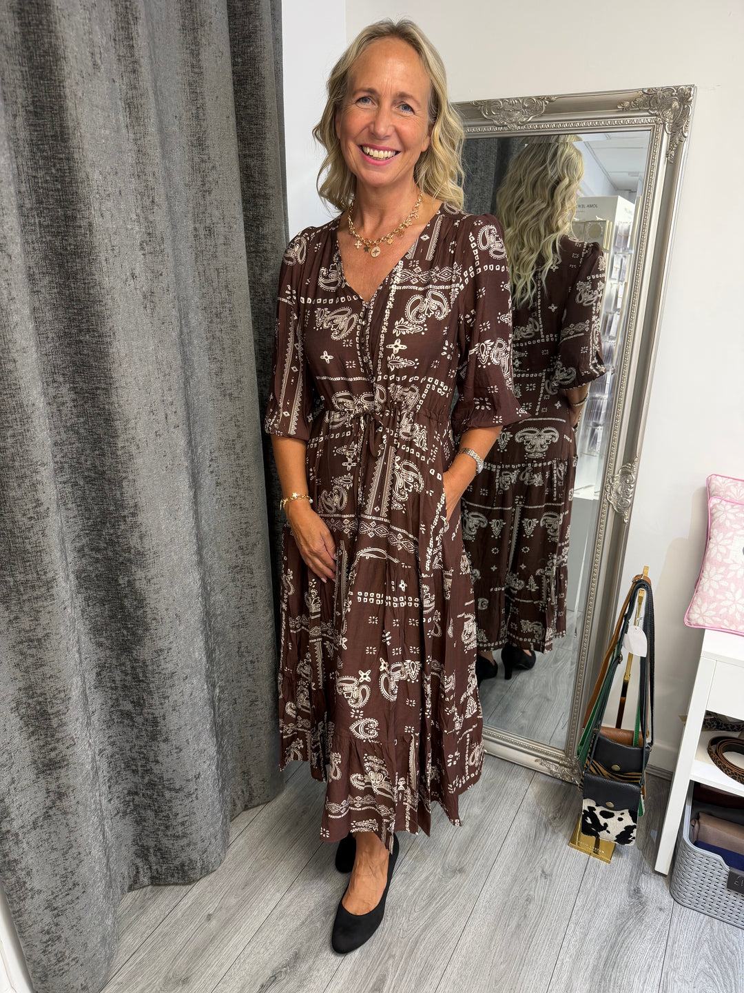 Stella Burgundy patterned v neck dress