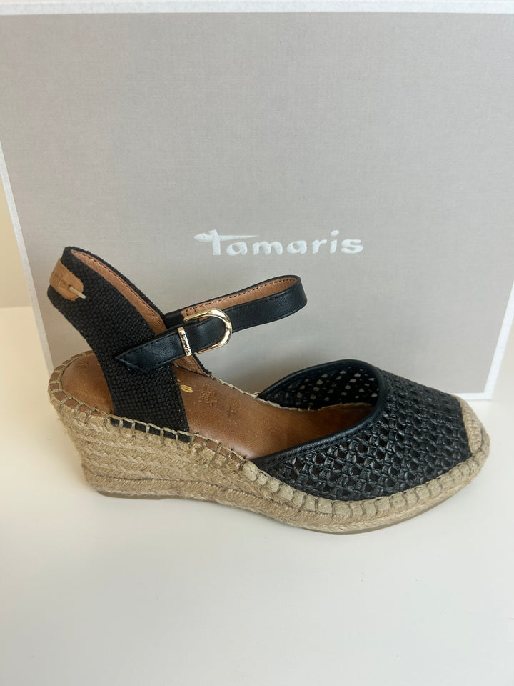 Tamaris Espadrill Wedge Sandals- Black