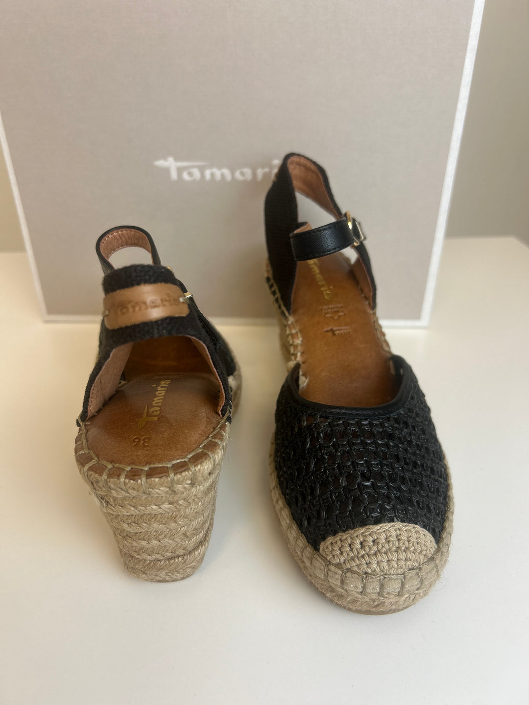 Tamaris Espadrill Wedge Sandals- Black