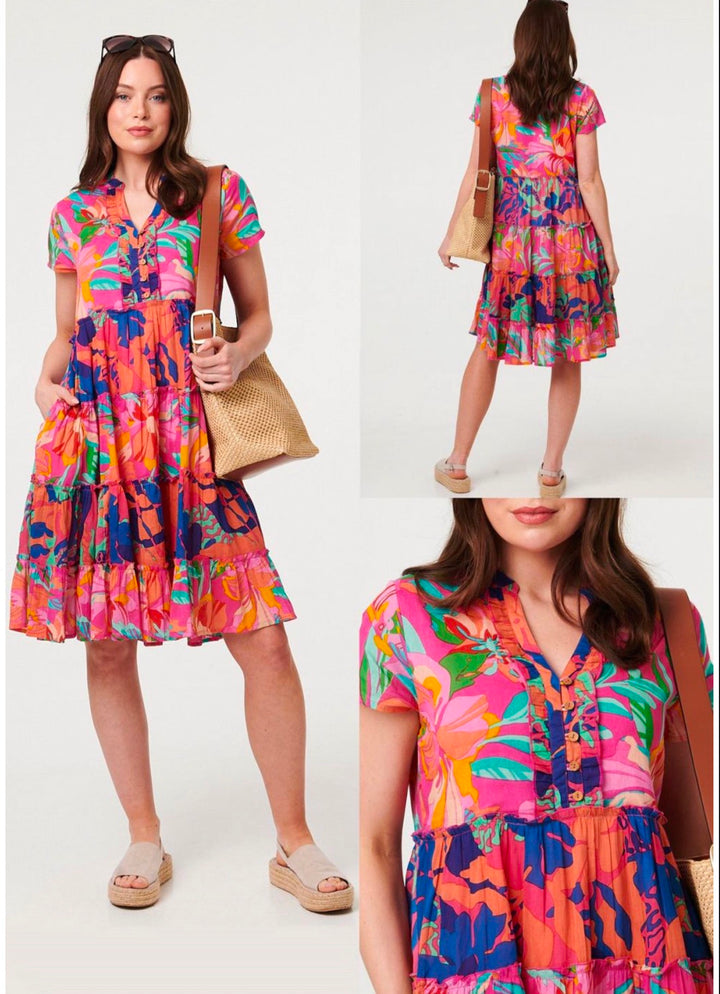 Stella Dress- Tropical Pink Cotton Short Dress