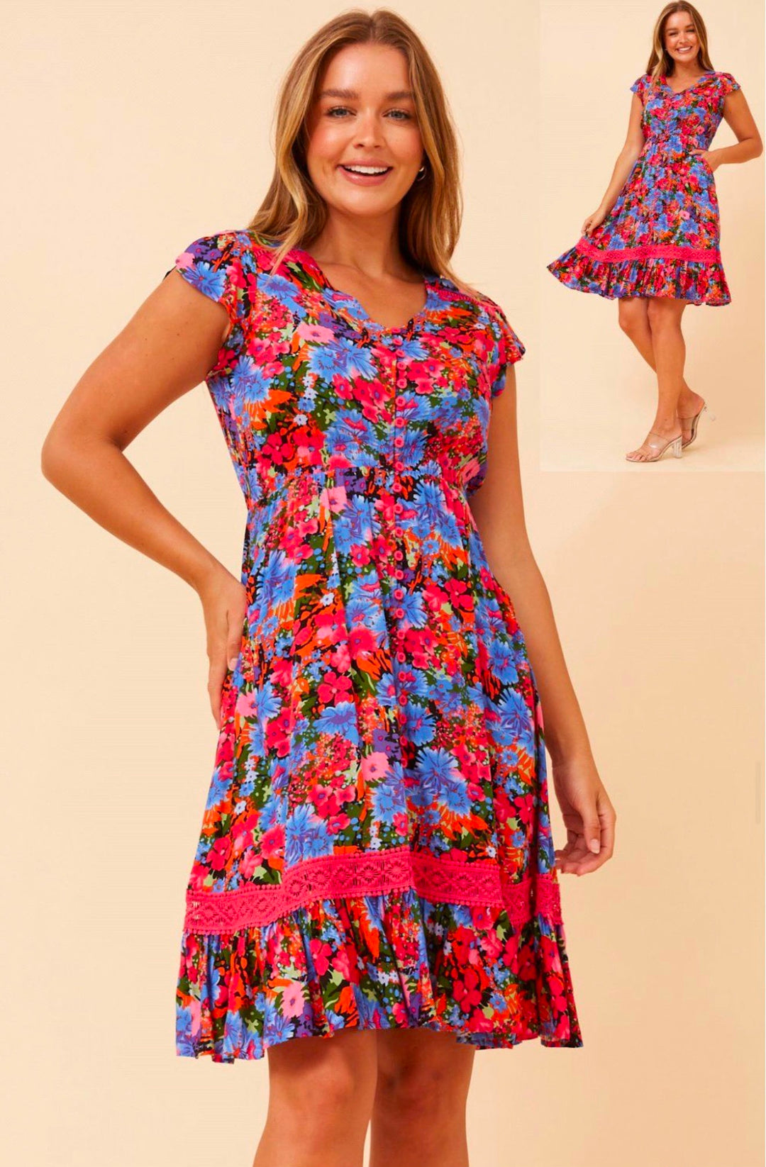 Stella Short Dress- Floral Poppy Red