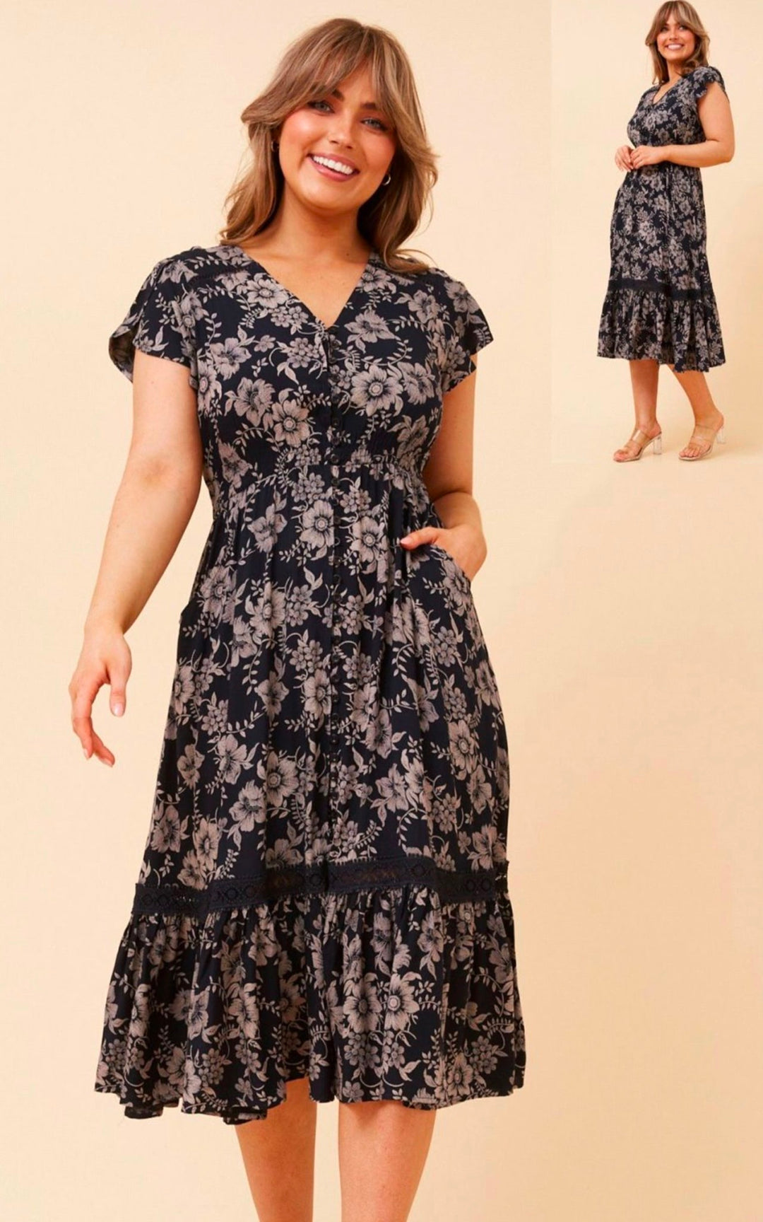 Stella Midi Dress- Floral Taupe
