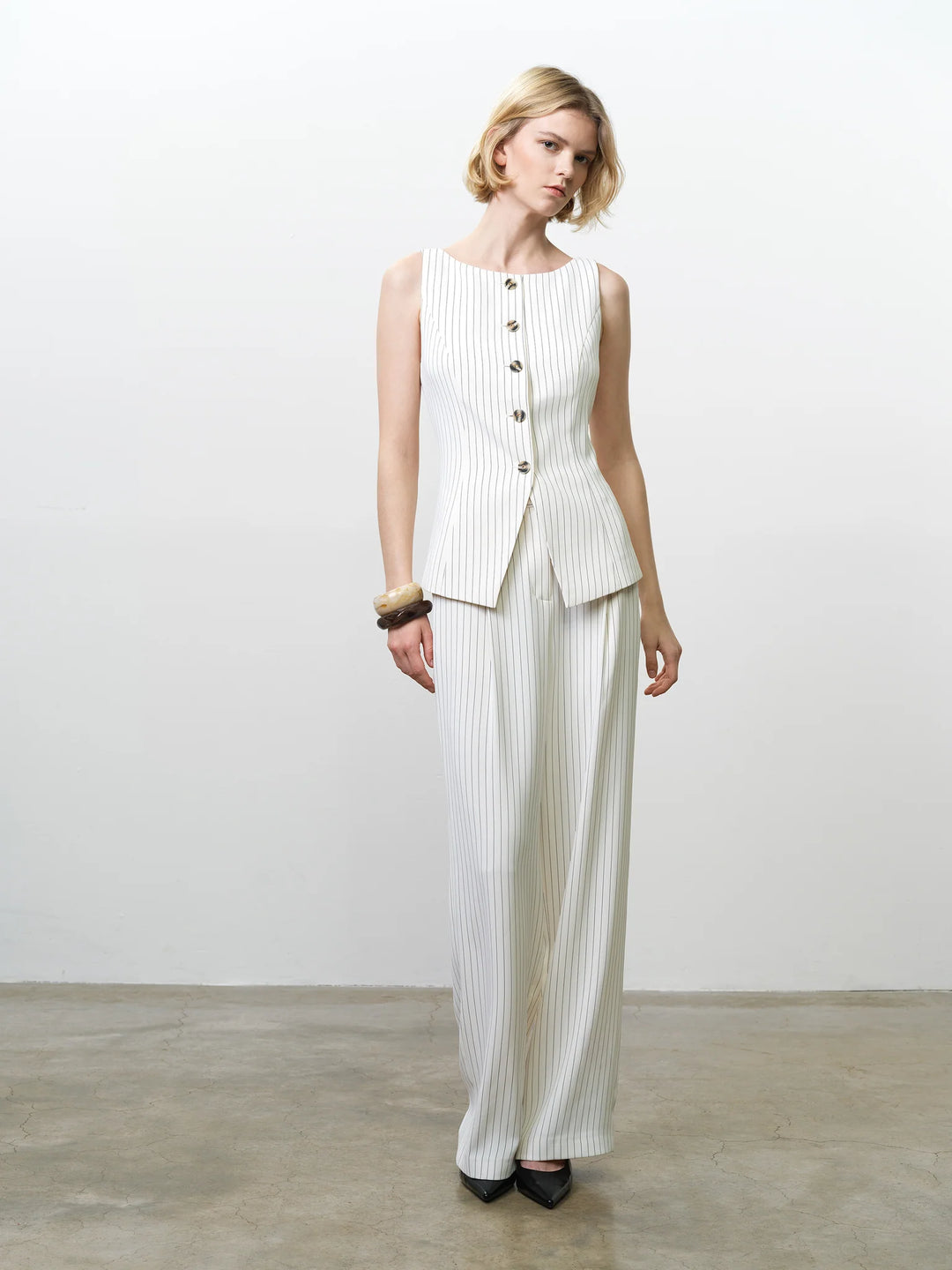 French Connection Vinnie Pinstripe Waistcoat- Cream/Black