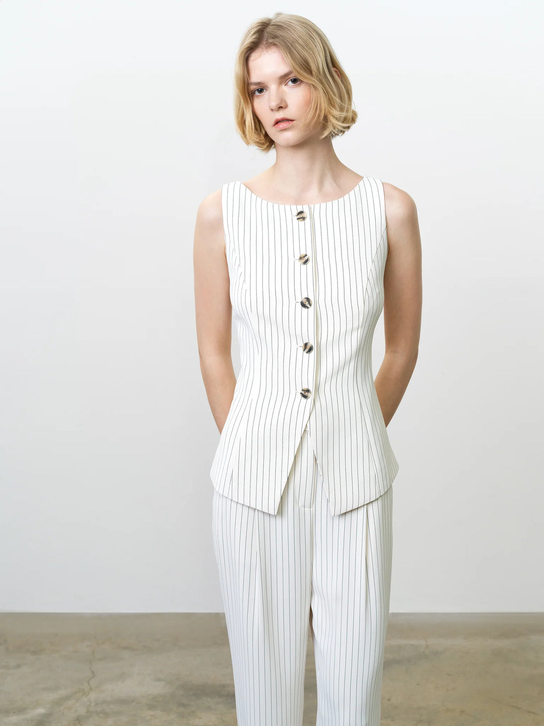 French Connection Vinnie Pinstripe Waistcoat- Cream/Black
