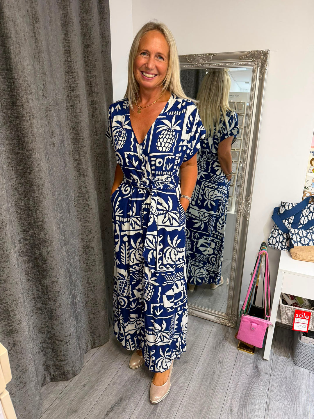 Blue & White Tropical Print Maxi Dress