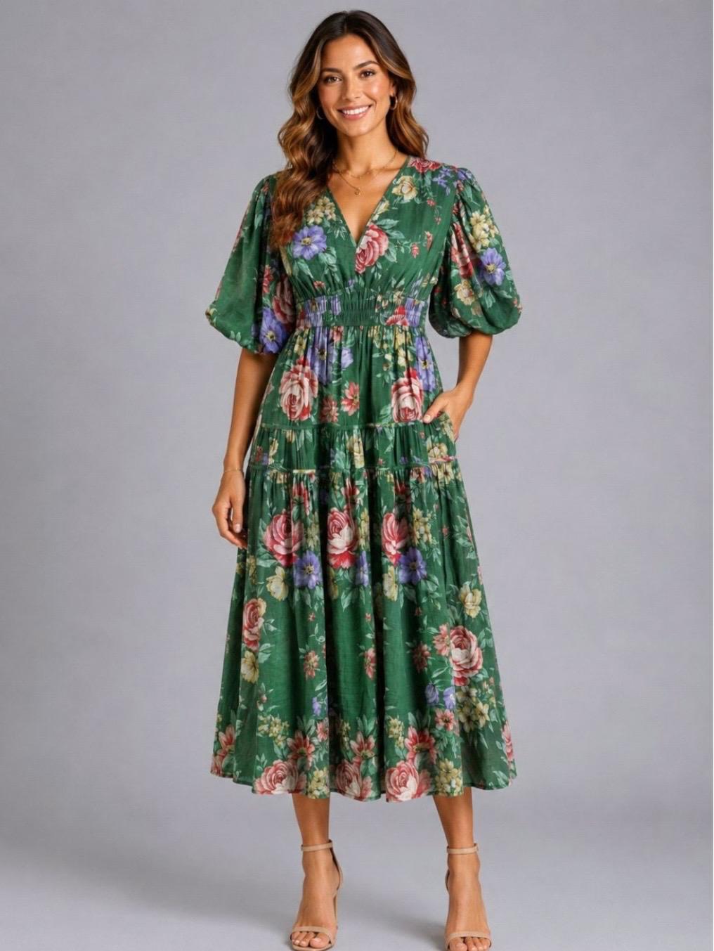 Stella Floral Midi Dress- Green