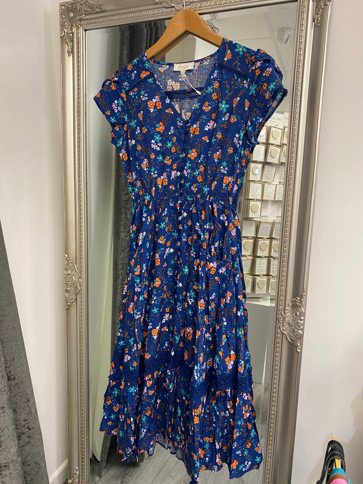 Stella Blue Floral and lace detail Midi Dress