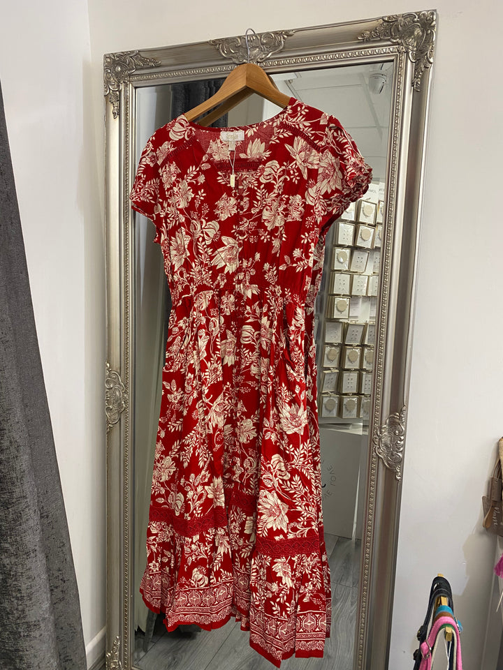 Stella Red Floral and Lace Detail Midi Dress