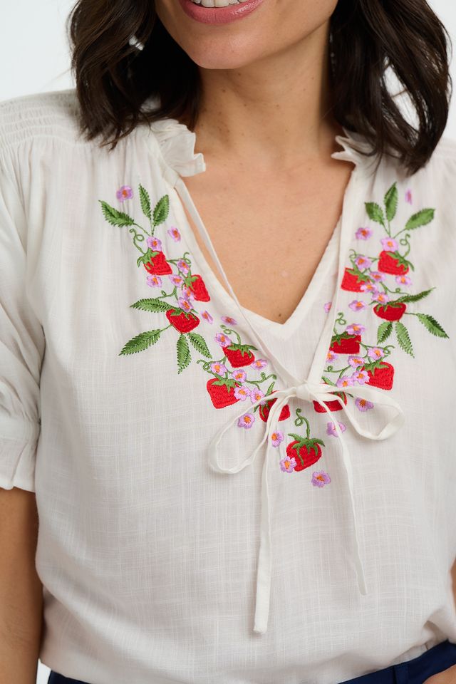 Sugarhill Brighton Angelique Shirred Top- Off White, Wild Strawberry
