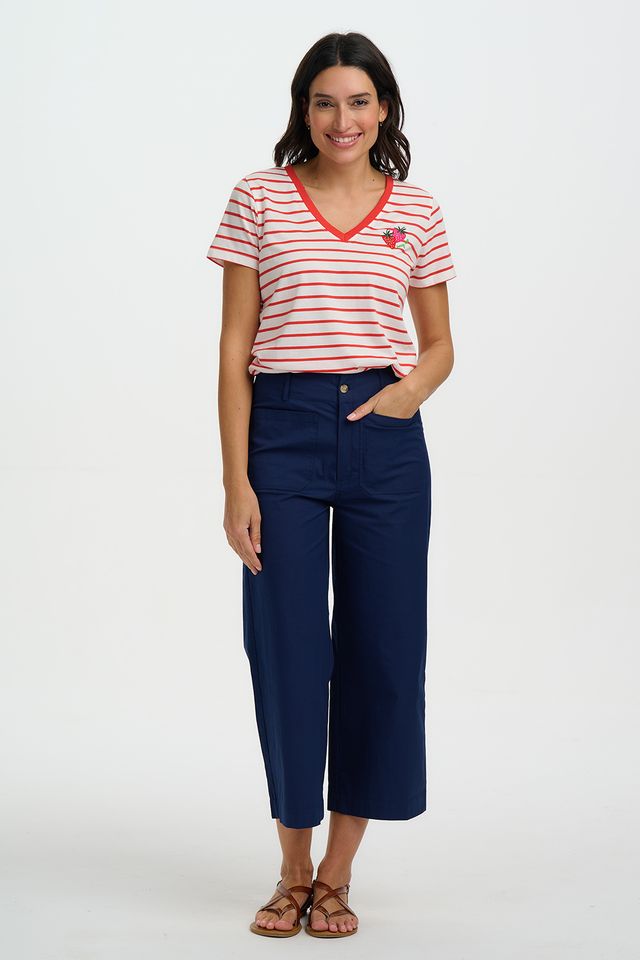 Sugarhill Brighton Khloe V-Neck T-Shirt-Red/Off White Stripe, Strawberry