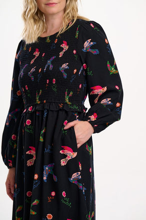 Sugarhill Brighton Darcie Shirred Midi Dress- Black, Rainbow Folk Bird