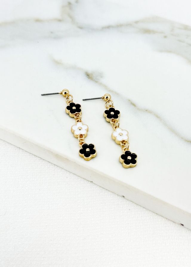 Envy Gold Black & White Flower Drop Earrings