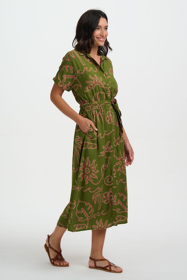 Sugarhill Brighton Leigh Midi Shirt Dress- Khaki, Tropical
