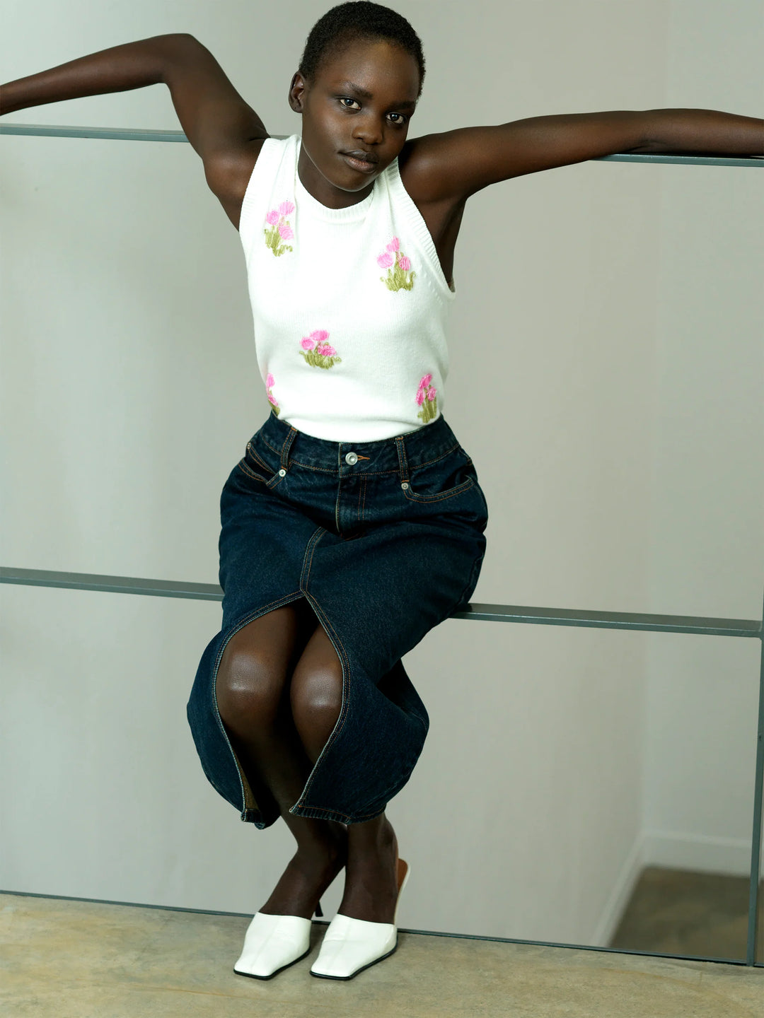 French Connection Junie Floral Applique Vest- Porcelain Cream/French Pink