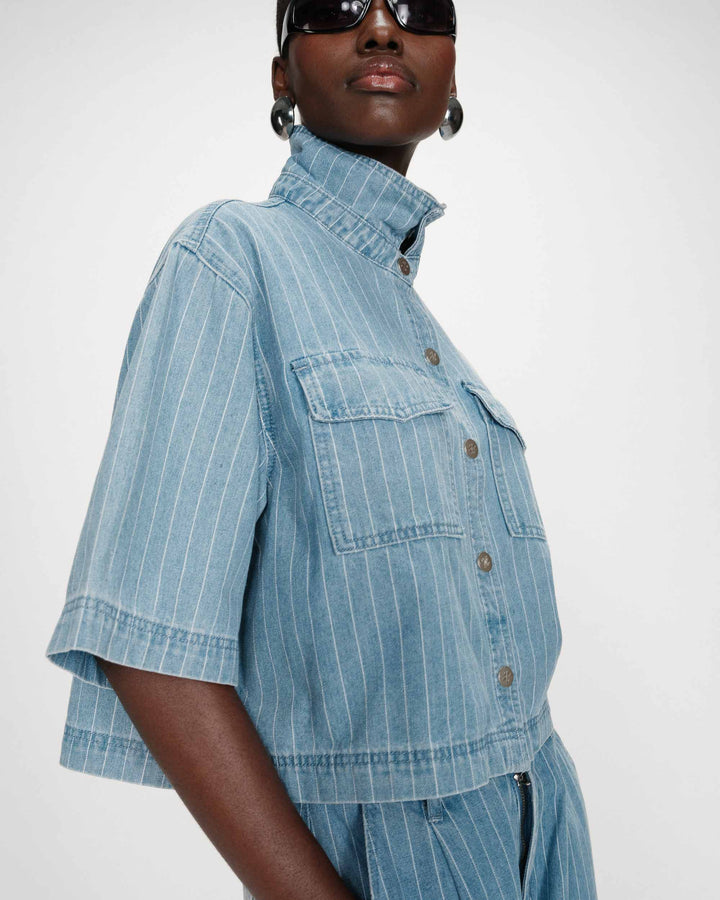 Grace & Mila Cropped Denim Shirt Striped Blue Vita