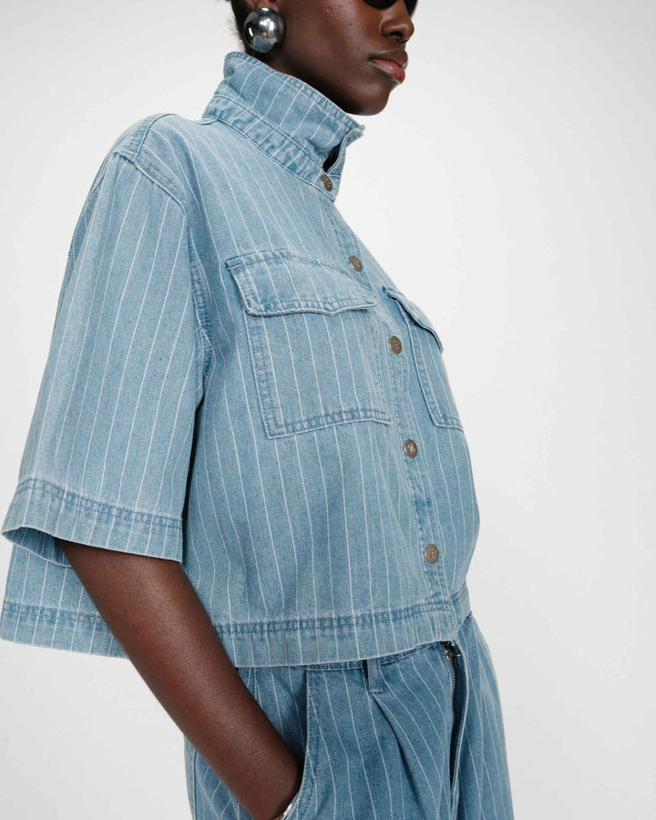 Grace & Mila Cropped Denim Shirt Striped Blue Vita