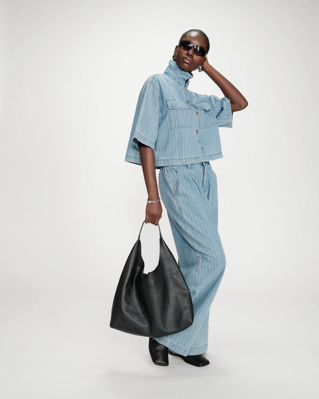 Grace & Mila Cropped Denim Shirt Striped Blue Vita