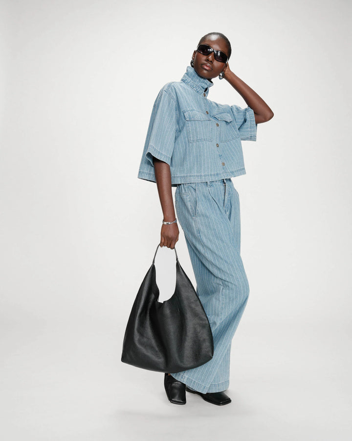 Grace & Mila Cropped Denim Shirt Striped Blue Vita