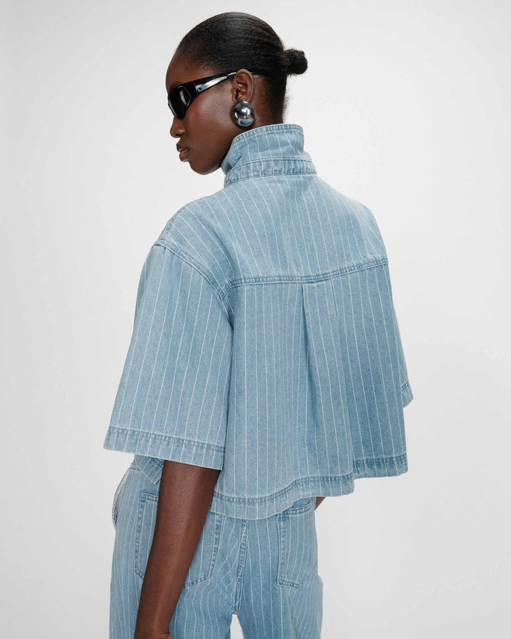 Grace & Mila Cropped Denim Shirt Striped Blue Vita