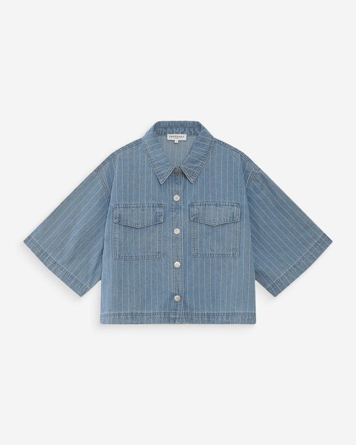 Grace & Mila Cropped Denim Shirt Striped Blue Vita