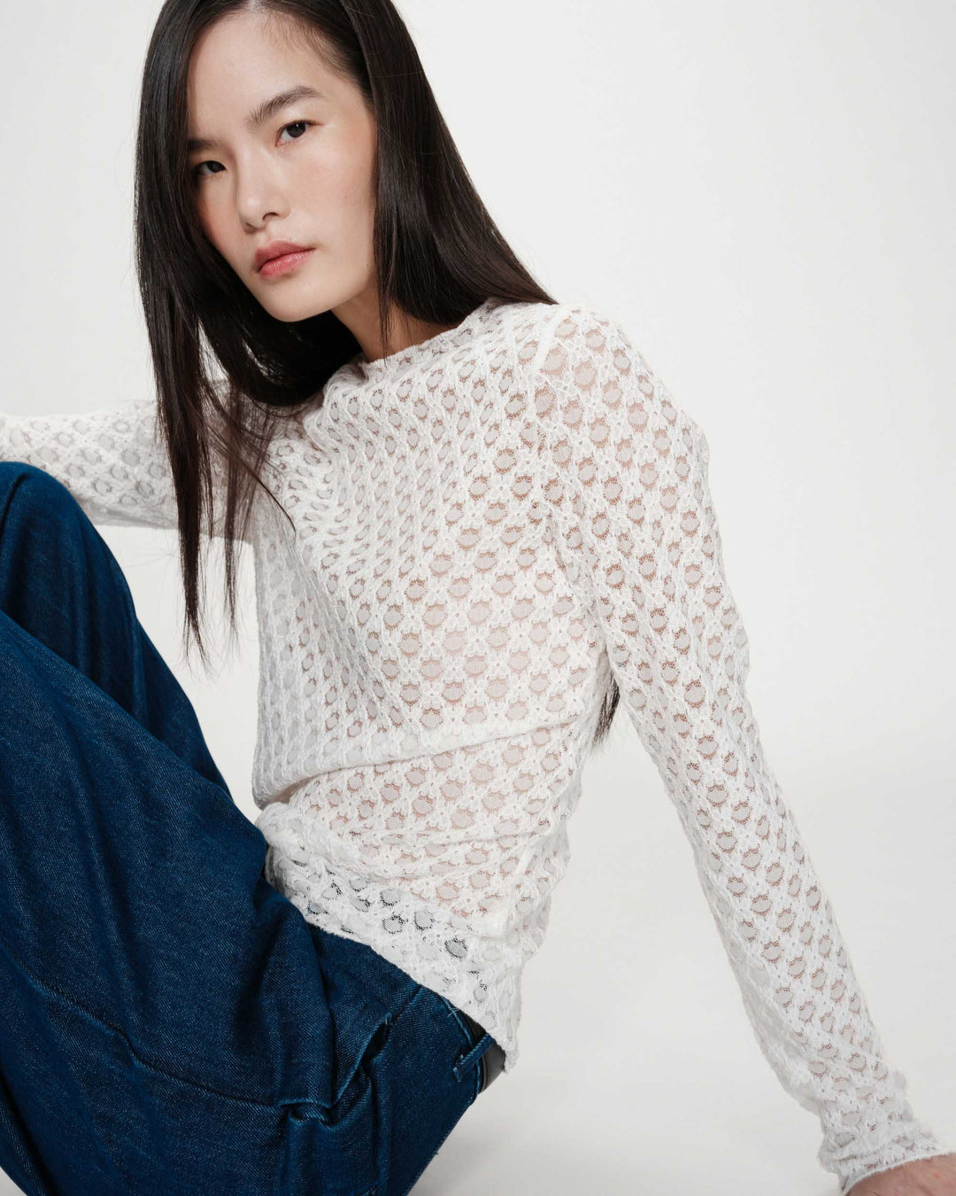 Grace & Mila Valmy Long sleeve Sheer Lace Top- Ivorie