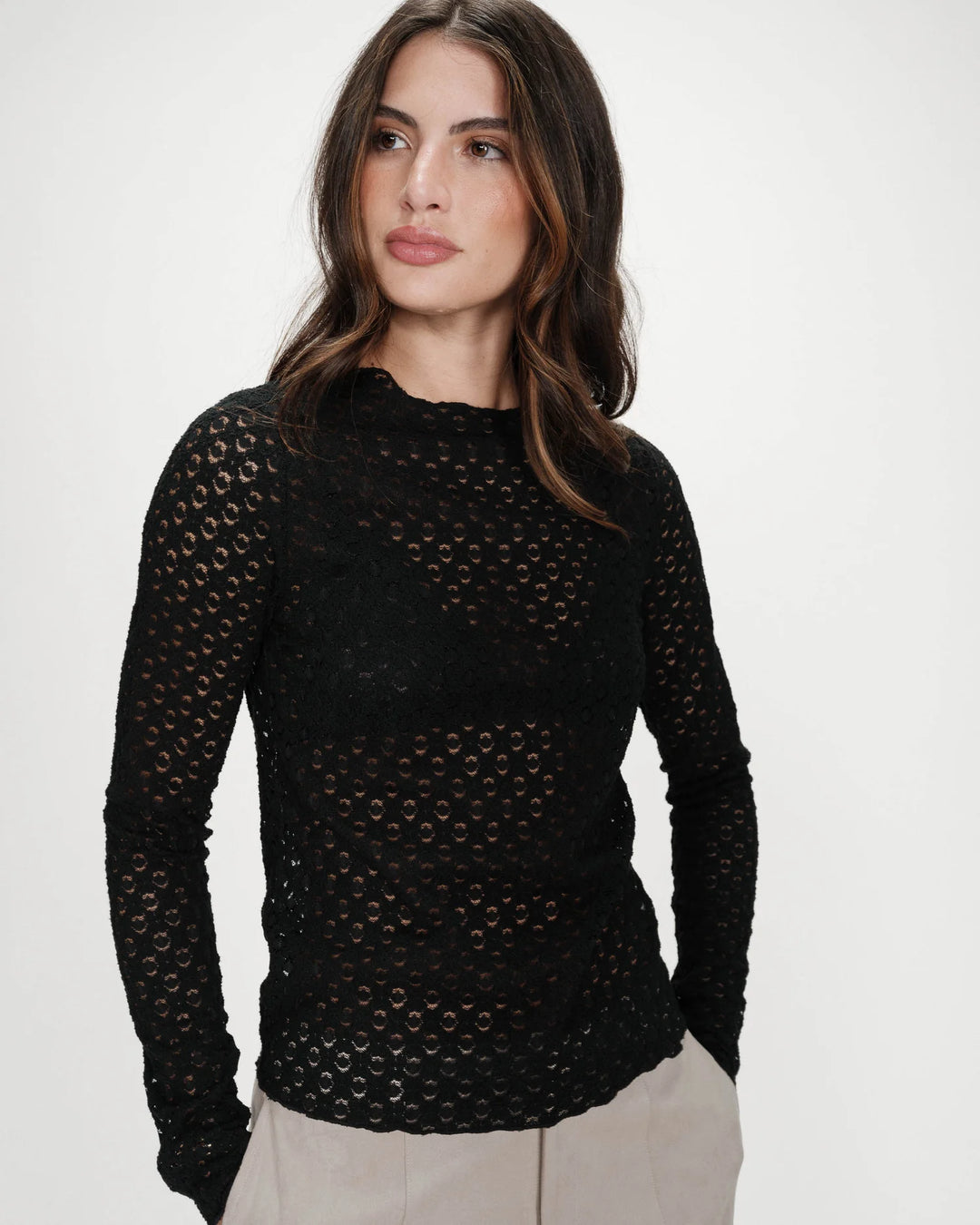 Grace & Mila Valmy Long- Sleeve Sheer Lace Top - Black