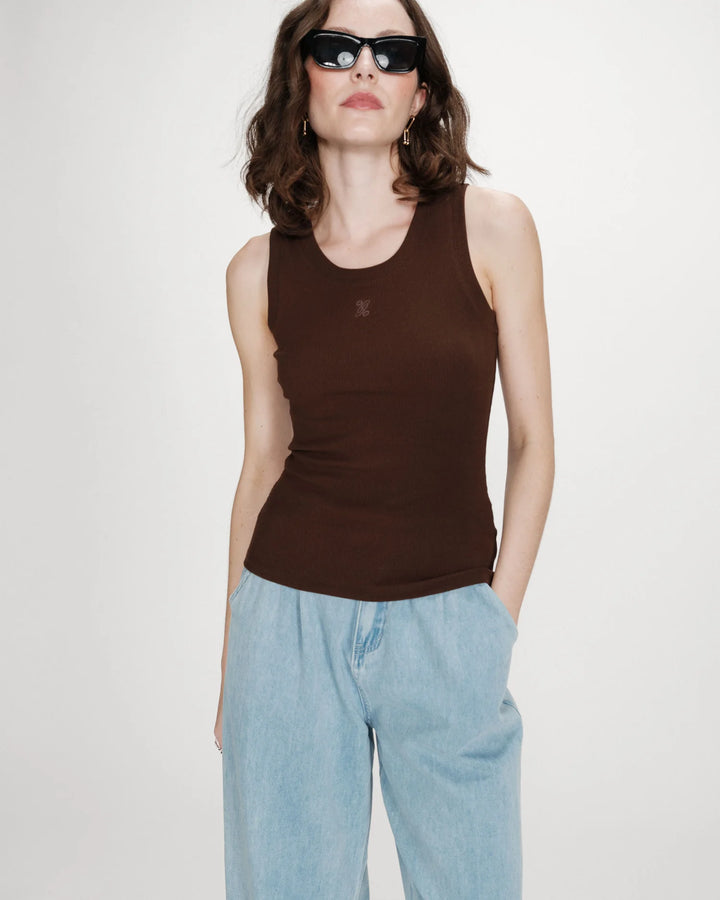 Grace & Mila Valou Embroidered Tank Top- Chocolate