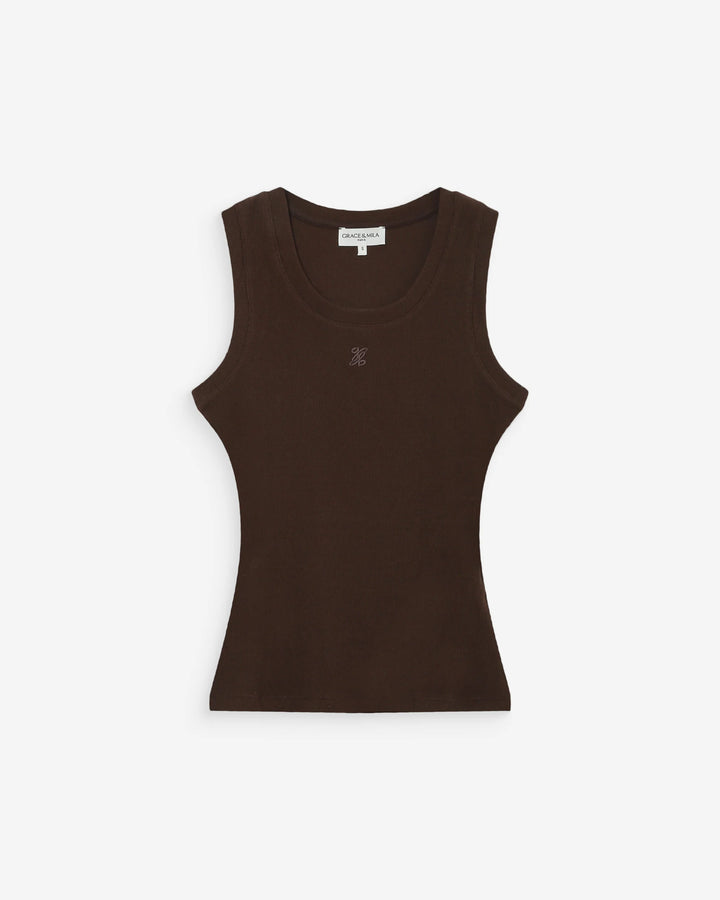 Grace & Mila Valou Embroidered Tank Top- Chocolate