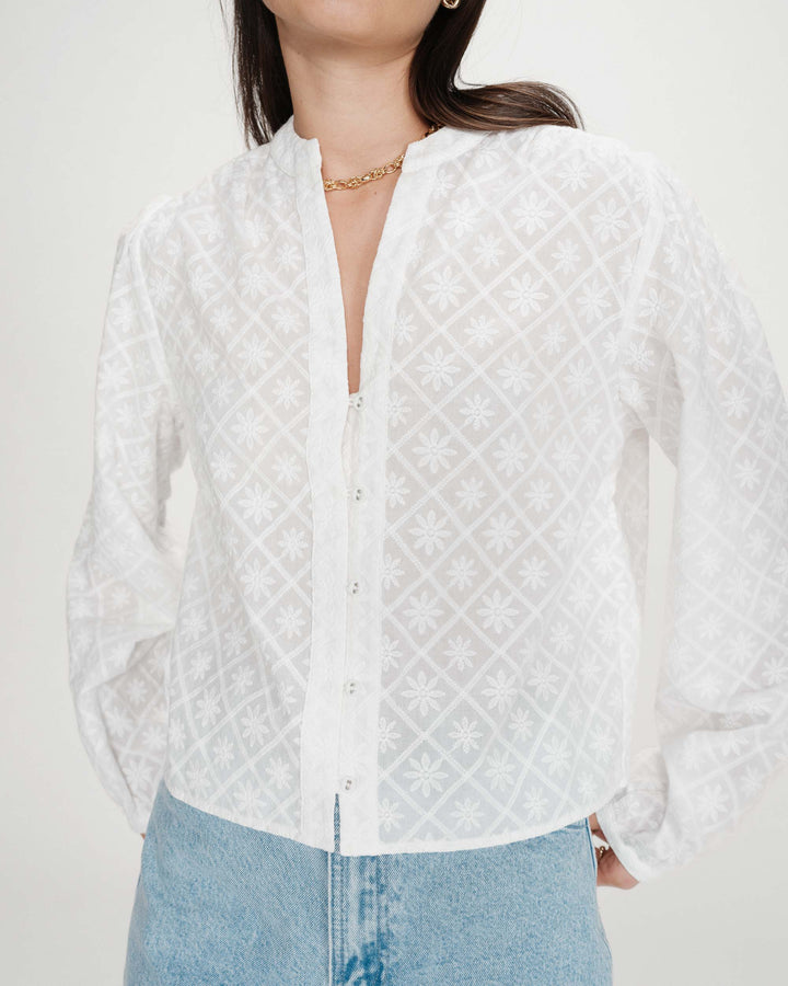 Grace & Mila Vandita Long sleeve Embroidery Blouse- White