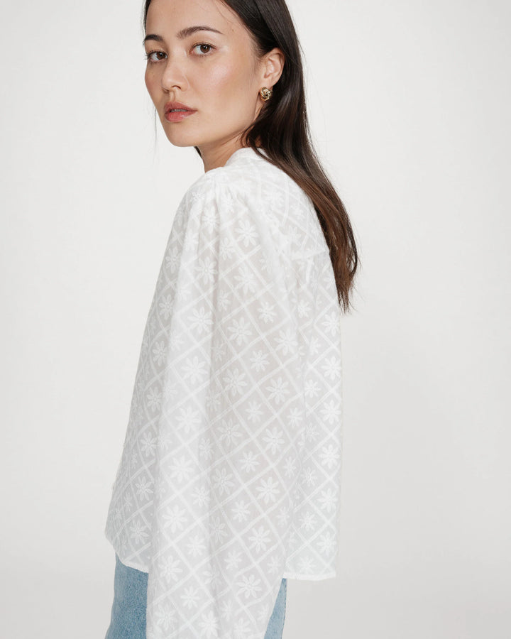 Grace & Mila Vandita Long sleeve Embroidery Blouse- White