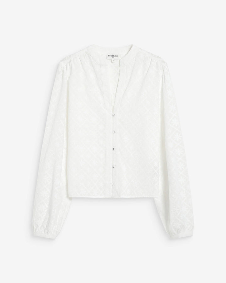 Grace & Mila Vandita Long sleeve Embroidery Blouse- White
