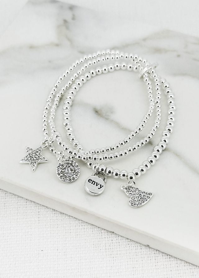Envy Silver Beaded Charm Bracelet Trio