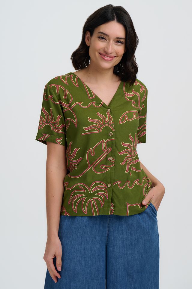 Sugarhill Brighton Hatti V-Neck Shirt- Khaki, Tropical